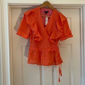 J Crew pink orange wrap top in gingham